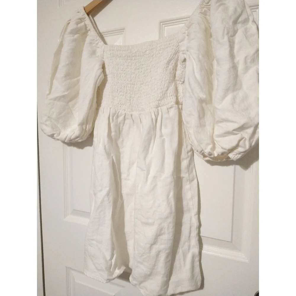 Tuckernuck Smocked Dress 100% Linen Puff Sleeves White Small S, Large L NWOT New - Picture 9 of 14